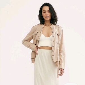 Free People Emilia Lace-Trim Button Down Military Jacket Size XS Sand Tie Waist